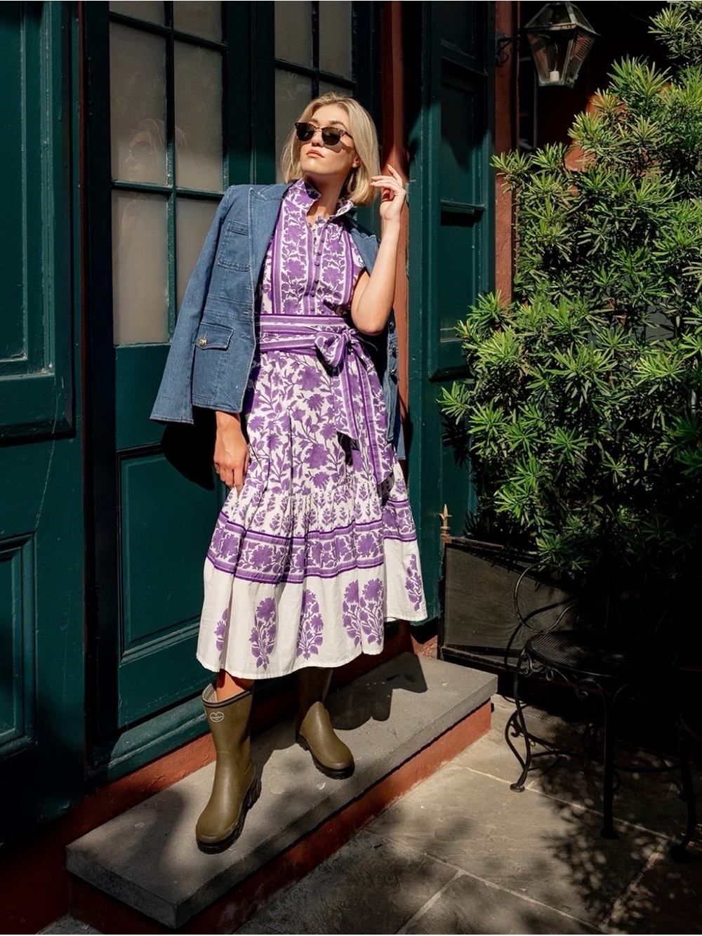 Sue Sartor purple Floral Tiered Midi Dress with Self Tie Waist
